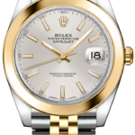 Two-tone Rolex Oyster Perpetual Datejust wristwatch with gold bezel and silver-and-gold bracelet, silver dial, and date window at 3 o'clock showing 18.