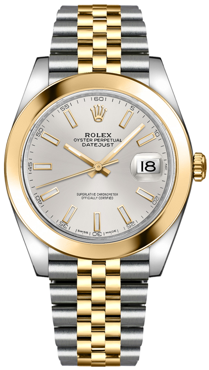 Two-tone Rolex Oyster Perpetual Datejust wristwatch with gold bezel and silver-and-gold bracelet, silver dial, and date window at 3 o'clock showing 18.