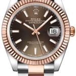 Two-tone Rolex Datejust wristwatch with brown dial, rose gold fluted bezel, and steel-and-rose-gold bracelet; date window shows 18 at 3 o'clock