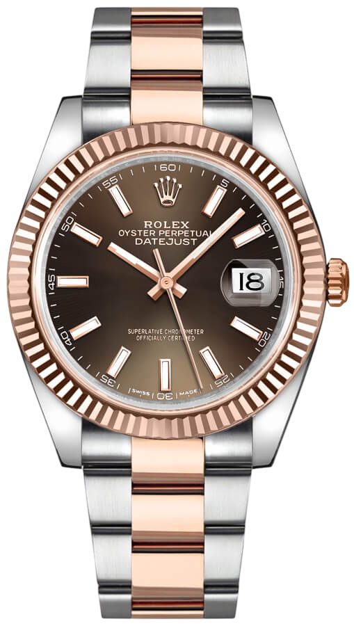 Two-tone Rolex Datejust wristwatch with brown dial, rose gold fluted bezel, and steel-and-rose-gold bracelet; date window shows 18 at 3 o'clock