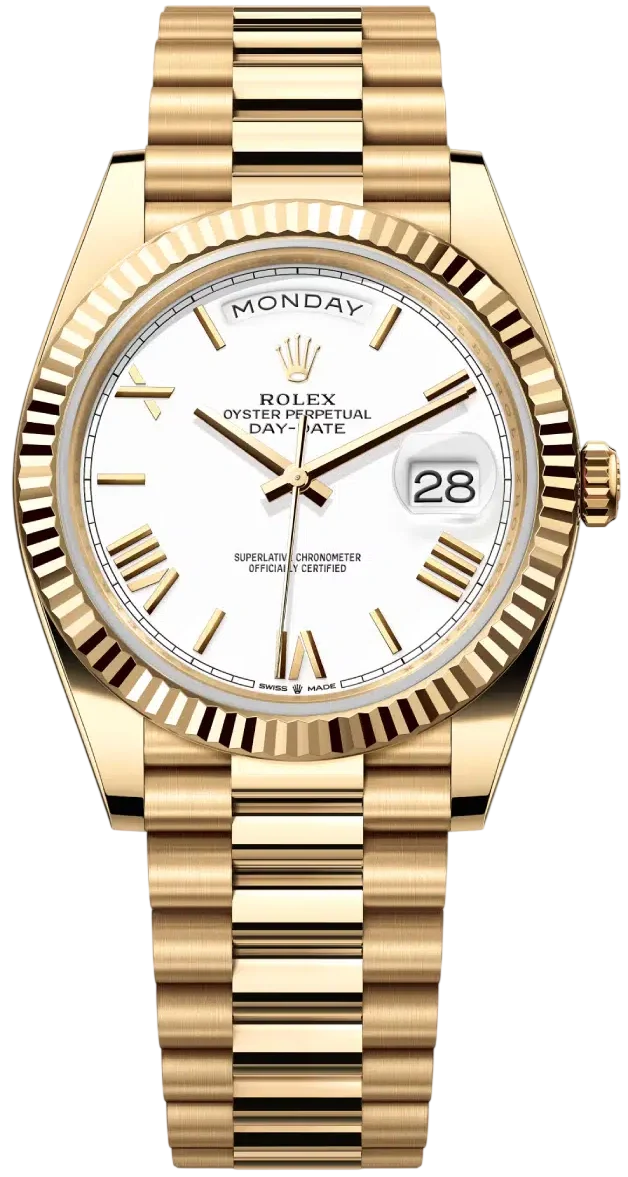 Gold Rolex Day-Date wristwatch with white dial, fluted bezel and gold bracelet, showing Monday and the date 28 in a magnified window