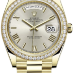 Gold Rolex Day-Date wristwatch with diamond bezel and Jubila diamond-set bracelet, showing Monday and date 28 on the dial