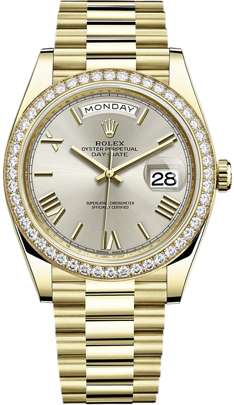 Gold Rolex Day-Date wristwatch with diamond bezel and Jubila diamond-set bracelet, showing Monday and date 28 on the dial
