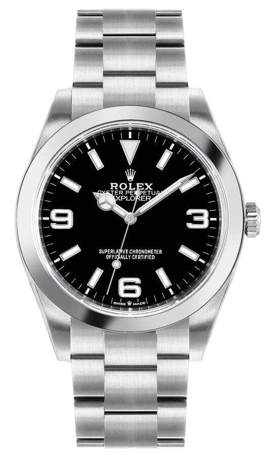 Rolex Oyster Perpetual Explorer wristwatch with black dial, silver hour markers, and a stainless steel bracelet.