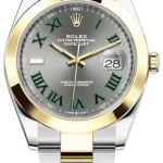 Two-tone Rolex Oyster Perpetual Datejust wristwatch with silver and gold bracelet, gray dial, green Roman numerals, and date window at 3 o'clock.