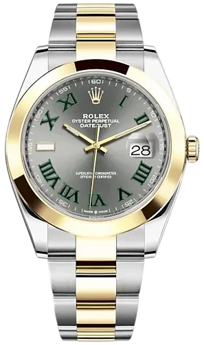 Two-tone Rolex Oyster Perpetual Datejust wristwatch with silver and gold bracelet, gray dial, green Roman numerals, and date window at 3 o'clock.