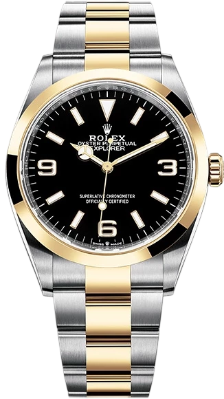 Two-tone Rolex Oyster Perpetual Explorer with black dial, gold bezel, and steel-and-gold bracelet in close-up.