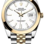 Rolex Datejust wristwatch with a two-tone gold and stainless steel bracelet, white dial, date window at 3 o'clock.