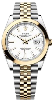 Rolex Datejust wristwatch with a two-tone gold and stainless steel bracelet, white dial, date window at 3 o'clock.