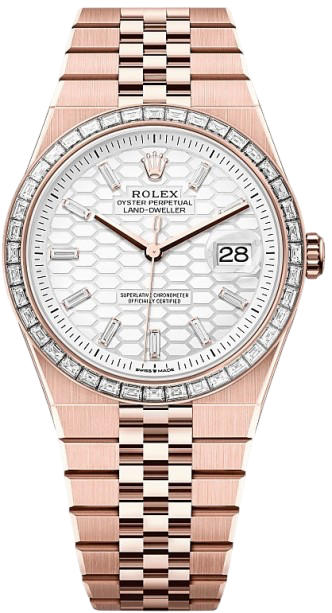 Rose gold Rolex Oyster Perpetual Land-Dweller with diamond bezel, white honeycomb dial, and date at 3 o'clock.
