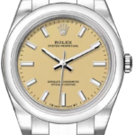 Rolex Oyster Perpetual stainless steel watch with beige dial and brushed metal bracelet, close-up display.