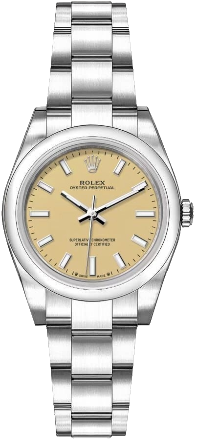 Rolex Oyster Perpetual stainless steel watch with beige dial and brushed metal bracelet, close-up display.