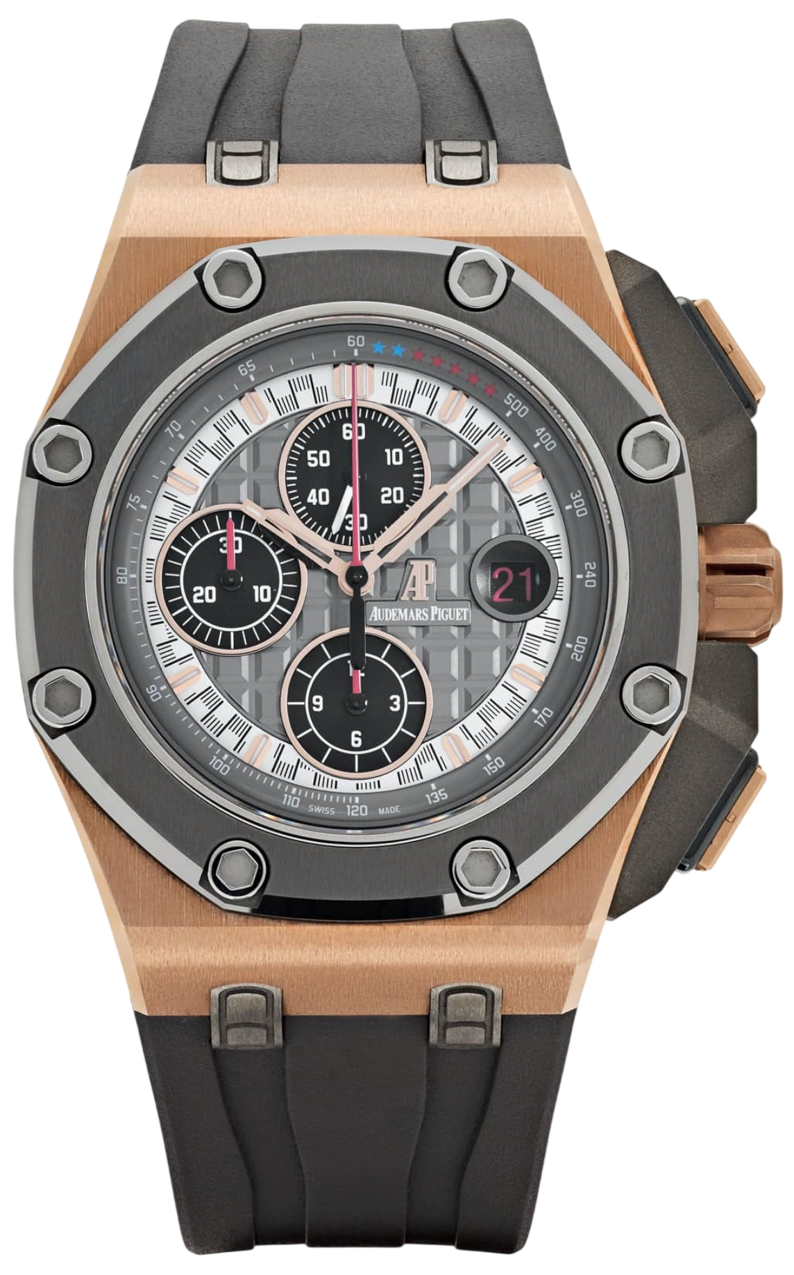 Audemars Piguet chronograph watch with a rose-gold case, gray dial, and black rubber strap.