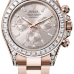 Rose gold Rolex Daytona watch with a diamond-studded bezel and bracelet, silver dial featuring three subdials.