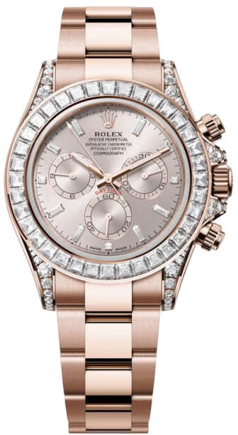 Rose gold Rolex Daytona watch with a diamond-studded bezel and bracelet, silver dial featuring three subdials.