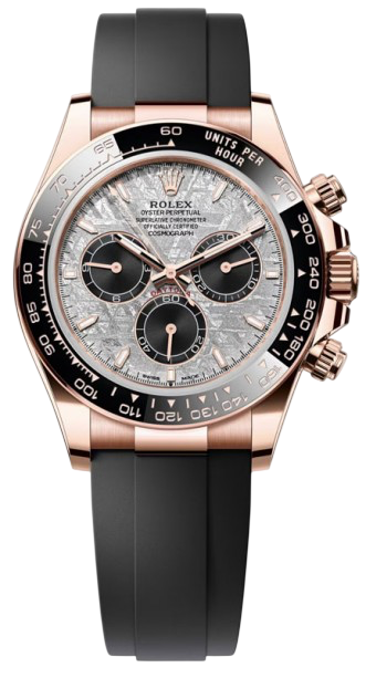 Rose gold Rolex chronograph watch with a black strap and black bezel, textured silver dial with three subdials.