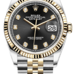 Two-tone Rolex Datejust with a black dial, diamond hour markers, gold bezel, and a two-tone gold-and-silver Jubilee bracelet; date window at 3 o'clock.
