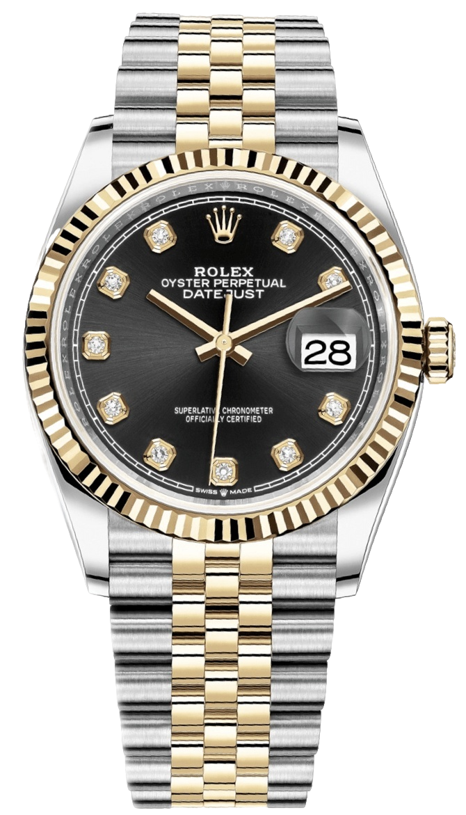 Two-tone Rolex Datejust with a black dial, diamond hour markers, gold bezel, and a two-tone gold-and-silver Jubilee bracelet; date window at 3 o'clock.