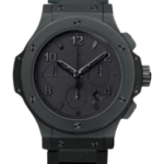 Black chronograph wristwatch with a round dial and metal bracelet