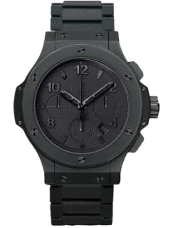 Black chronograph wristwatch with a round dial and metal bracelet