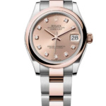 Rolex Datejust wristwatch with rose-gold dial, diamond hour markers, and two-tone bracelet (silver and rose gold) showing date at 3 o'clock.