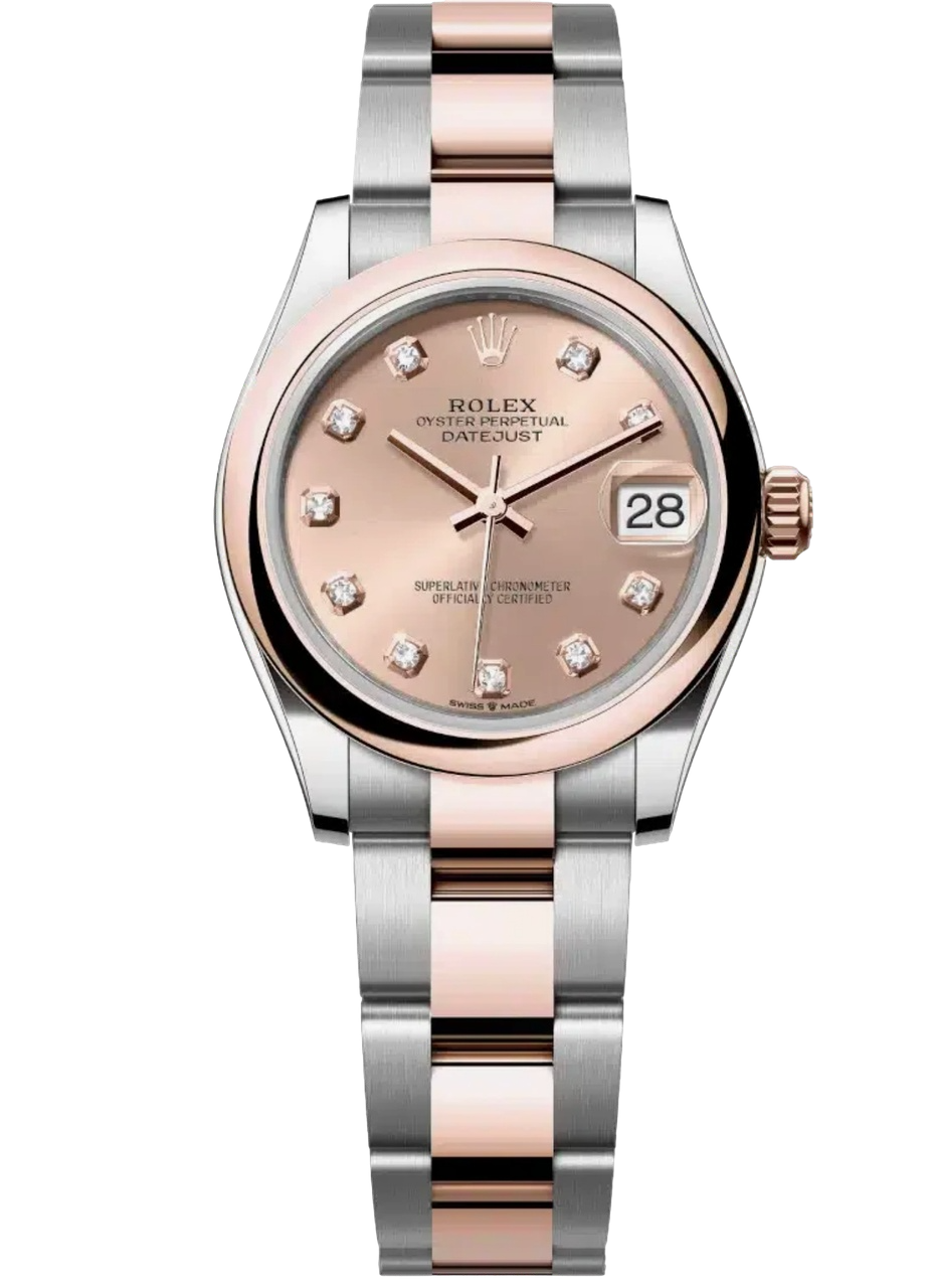 Rolex Datejust wristwatch with rose-gold dial, diamond hour markers, and two-tone bracelet (silver and rose gold) showing date at 3 o'clock.