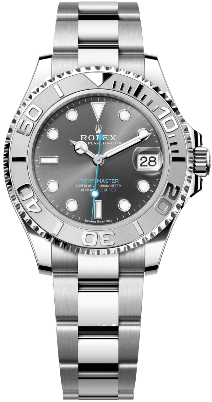 Rolex Yacht-Master stainless steel wristwatch with grey dial, date window at 3, blue seconds hand, and raised bezel.