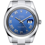 Rolex Oyster Perpetual Datejust stainless steel watch with a blue dial, Roman numerals, and date shown at 3 o'clock, 5.