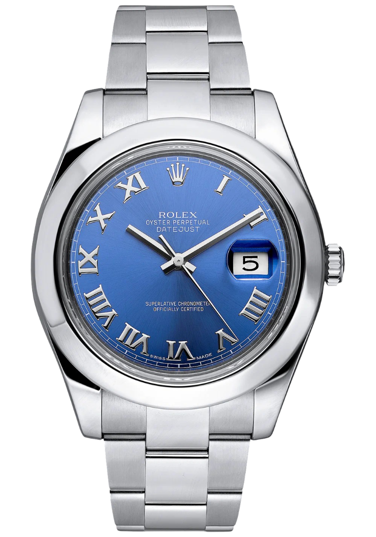 Rolex Oyster Perpetual Datejust stainless steel watch with a blue dial, Roman numerals, and date shown at 3 o'clock, 5.