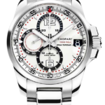 Chopard Mille Miglia Gran Turismo stainless steel chronograph watch with white dial, multiple subdials, and date window at 3 o'clock
