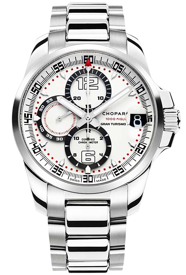 Chopard Mille Miglia Gran Turismo stainless steel chronograph watch with white dial, multiple subdials, and date window at 3 o'clock