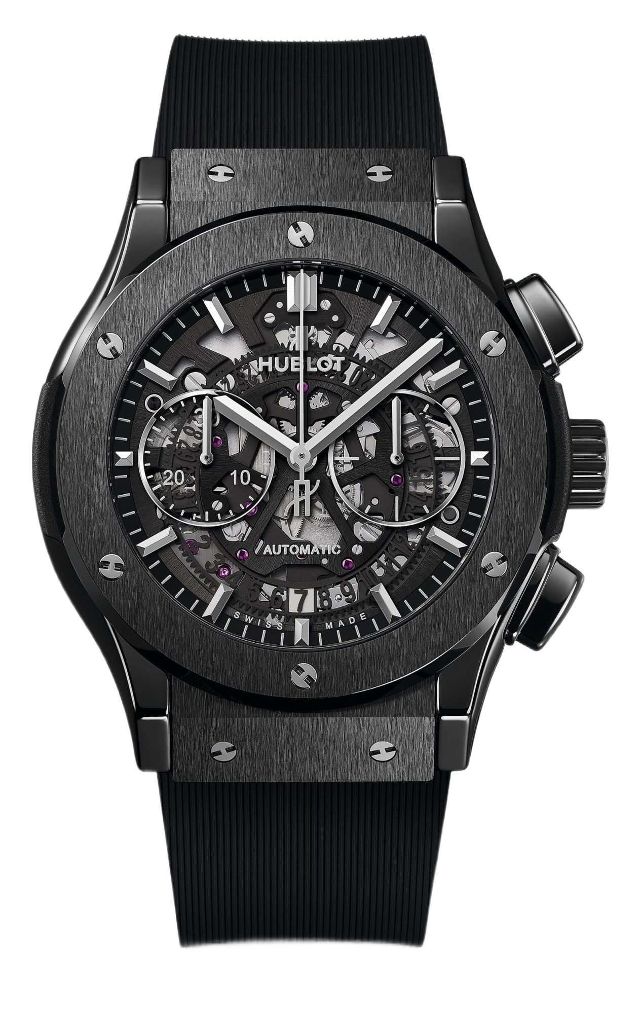 Skeleton watch with visible gears and black face, Hublot branding, automatic movement, and a black strap.