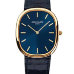 Gold-cased cushion-shaped wristwatch with a blue dial and blue alligator strap; Patek Philippe Genève.