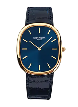 Gold-cased cushion-shaped wristwatch with a blue dial and blue alligator strap; Patek Philippe Genève.