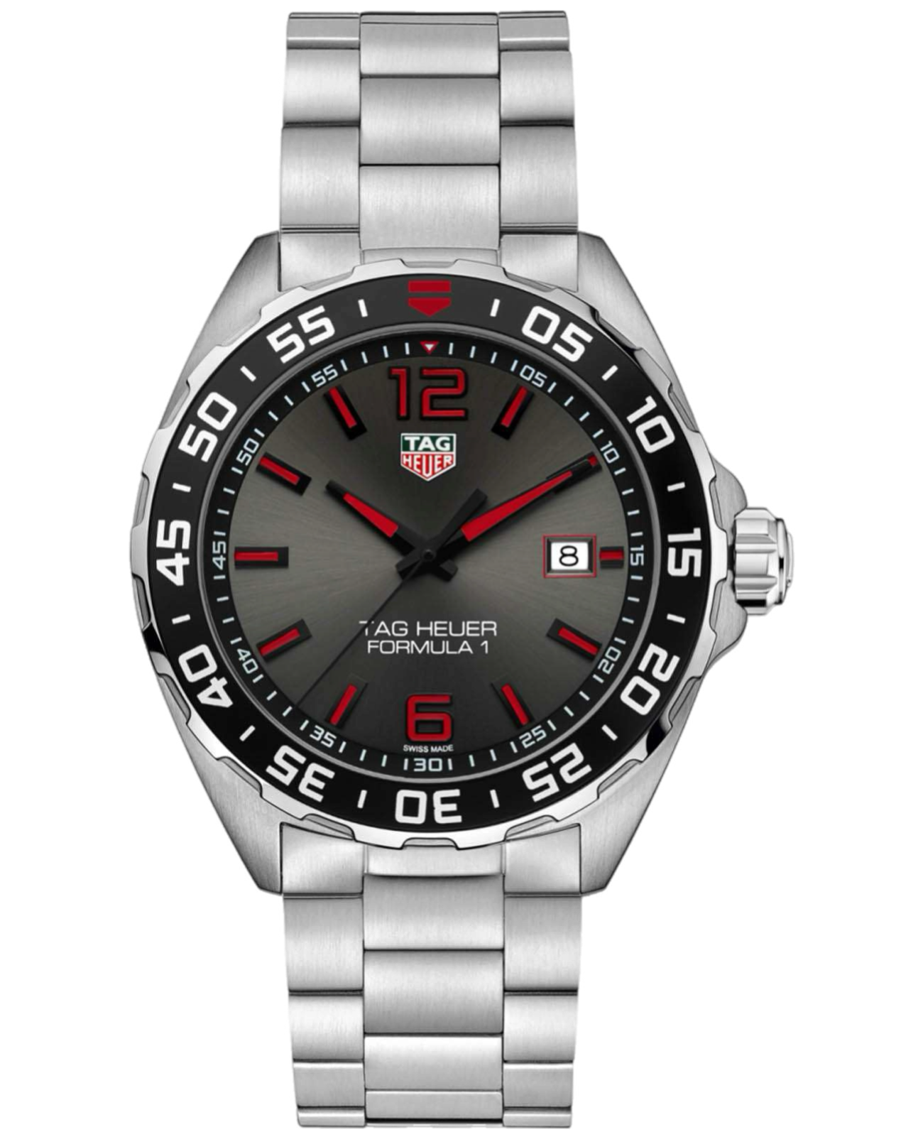 TAG Heuer Formula 1 stainless steel watch with black bezel, red hour markers, and date window at 3 o'clock
