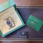 Rolex wristwatch in a turquoise box with cream interior, plus green warranty booklet and Privilegia card on a dark surface.