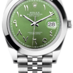 Rolex Oyster Perpetual Datejust wristwatch with a green dial, stainless steel case and Jubilee bracelet, showing date 28.