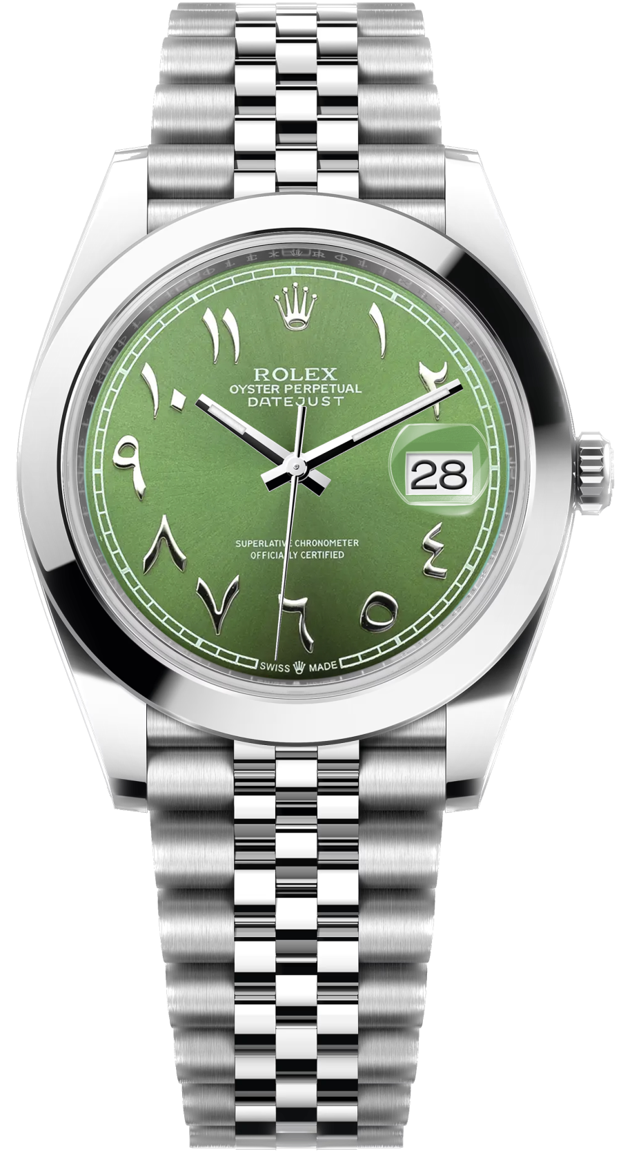 Rolex Oyster Perpetual Datejust wristwatch with a green dial, stainless steel case and Jubilee bracelet, showing date 28.