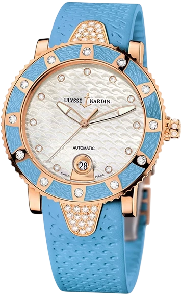 Women’s luxury Ulysse Nardin wristwatch with a blue strap, rose-gold case and diamond-studded bezel, white textured dial, and date window at 6 o'clock.