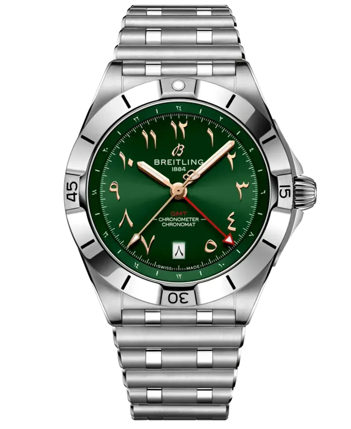 Breitling GMT luxury wristwatch with a green dial, gold hands, and stainless steel bracelet.