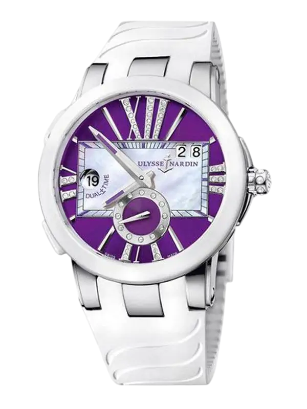 White metal wristwatch with a purple dial, Roman numerals, date window at 2 o'clock, and a small circular seconds indicator in the center.