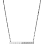 Silver chain necklace with a rectangular, segmented pendant featuring diamond-studded squares, hanging against a black background.
