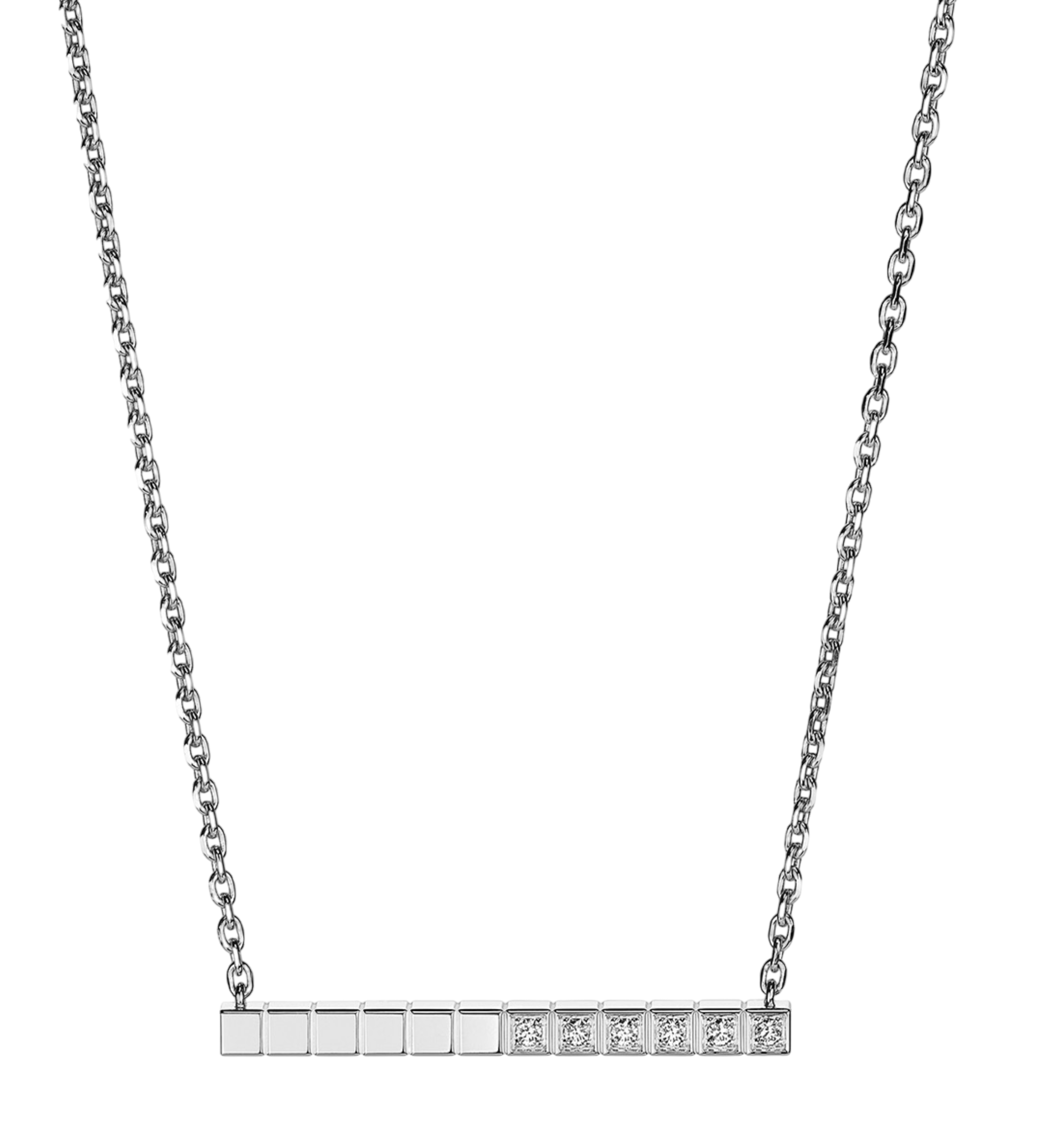 Silver chain necklace with a rectangular, segmented pendant featuring diamond-studded squares, hanging against a black background.