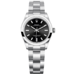 Stainless steel Rolex Oyster Perpetual watch with a black dial and silver bracelet.
