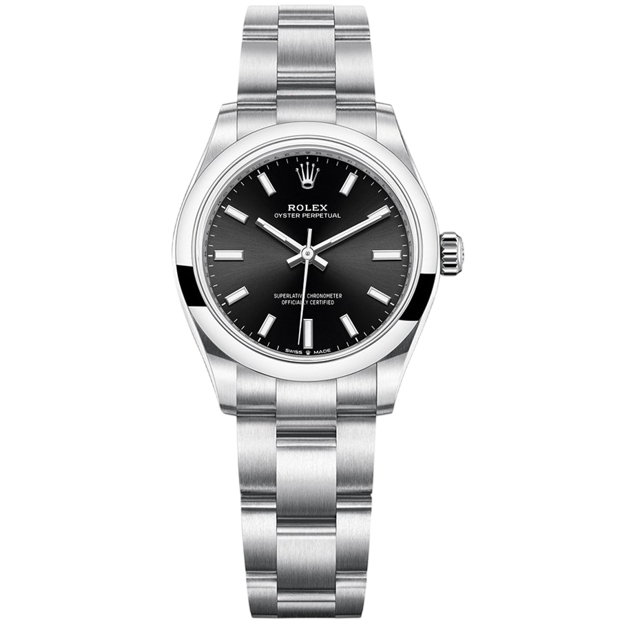 Stainless steel Rolex Oyster Perpetual watch with a black dial and silver bracelet.