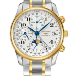 Two-tone stainless steel and gold chronograph watch with white dial and multiple subdials (day, date, moon phase).