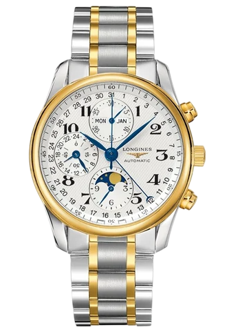 Two-tone stainless steel and gold chronograph watch with white dial and multiple subdials (day, date, moon phase).