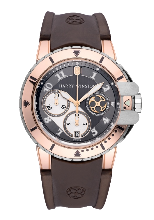 Harry Winston wristwatch with a rose-gold case, brown leather strap, and three chronograph subdials with a date window.