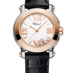 Chopard luxury wristwatch with rose-gold case, white dial, Roman numerals, diamond accents, and a black leather strap on black background