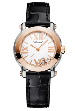 Chopard luxury wristwatch with rose-gold case, white dial, Roman numerals, diamond accents, and a black leather strap on black background